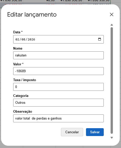Formulário Editar lançamento do ReceiptLoom