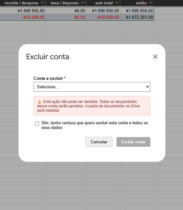 Formulário Excluir conta do ReceiptLoom