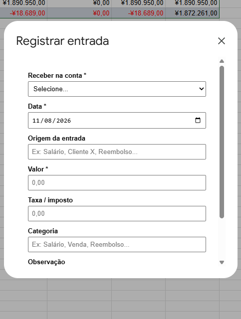 Formulário Registrar entrada do ReceiptLoom
