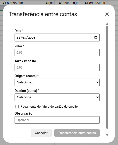 Formulário Transferência entre contas do ReceiptLoom